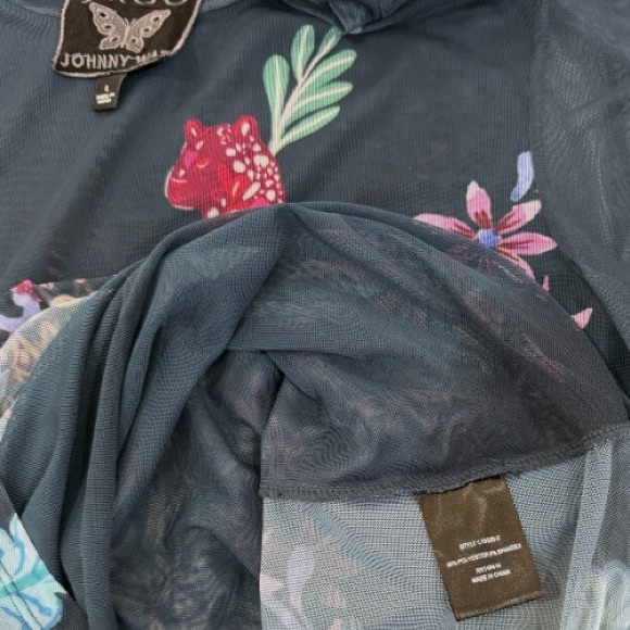 Jade Johnny Was Natalie 3/4 Sleeve Mesh Top with Peacock Floral Blouse Navy Sz L - Picture 5 of 9